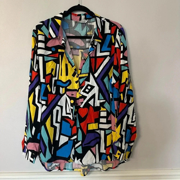 Big Dart Women’s Long Sleeve Multicolor Button Front Modern Art Blouse Sz 3X GUC - Picture 2 of 7